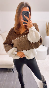 V-AUSSCHNITT mehrfarbiger Strick Pullover / schoko braun - braun meliert - creme Art. 13051