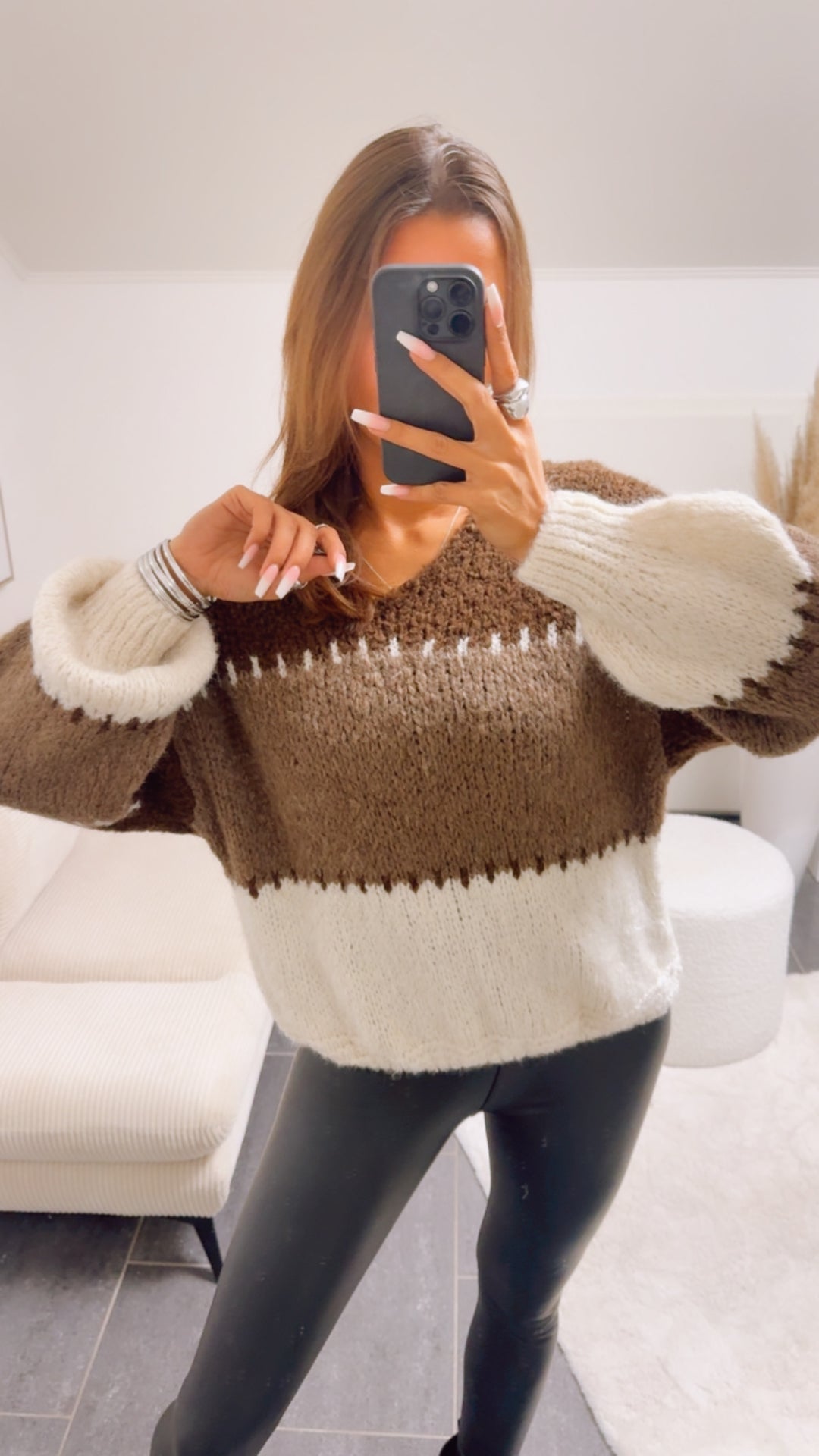 V-AUSSCHNITT mehrfarbiger Strick Pullover / schoko braun - braun meliert - creme Art. 13051