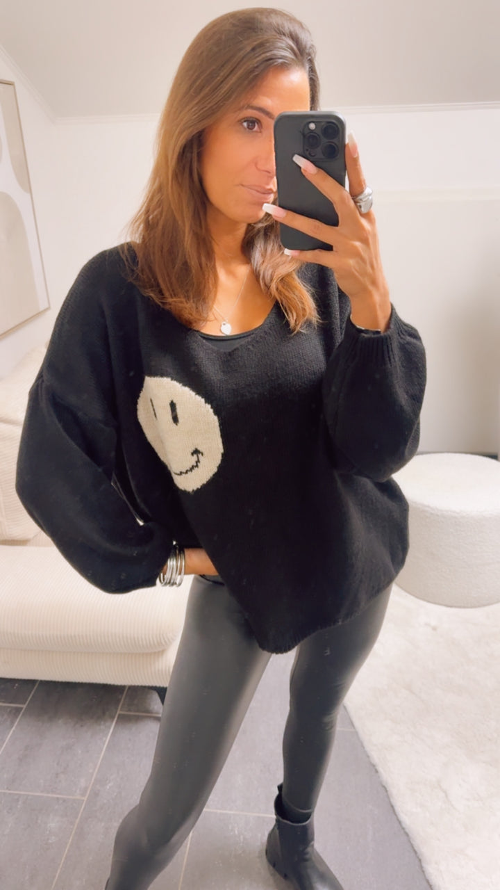 SMILEY Strick Pullover " it‘s all good " / schwarz - beige Art. 13042