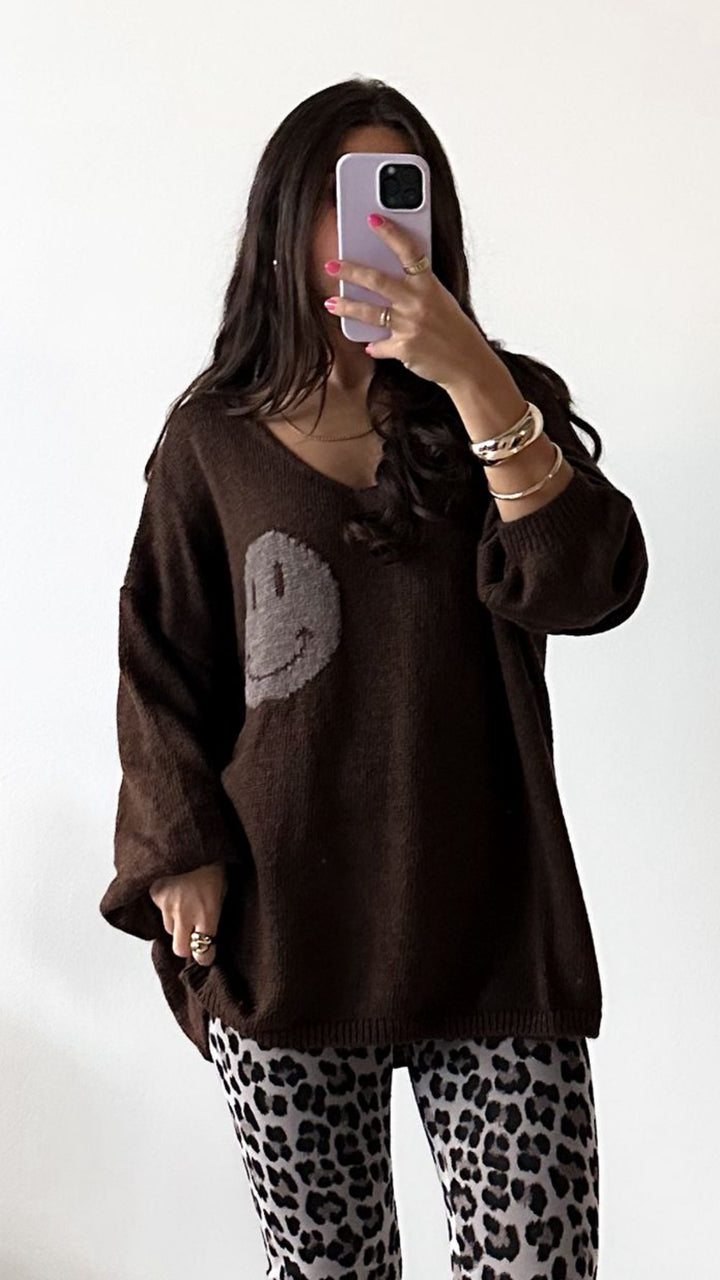 SMILEY Strick Pullover " it‘s all good " / schoko braun - braun meliert Art. 13043