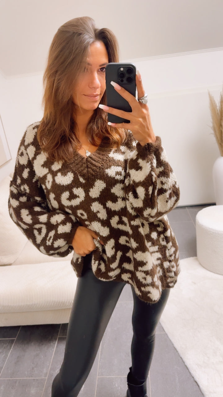 V-AUSSCHNITT LEO Oversize Kuschel - Pullover / Schoko braun - beige Art. 13063