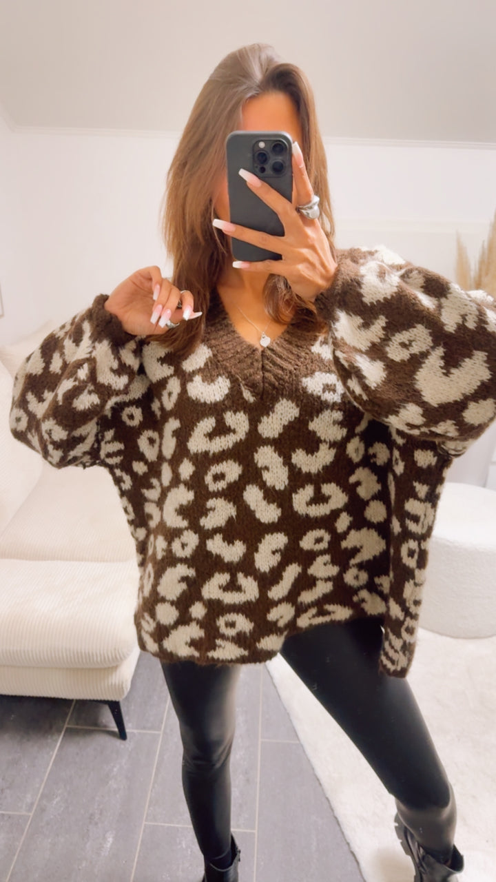 V-AUSSCHNITT LEO Oversize Kuschel - Pullover / Schoko braun - beige Art. 13063