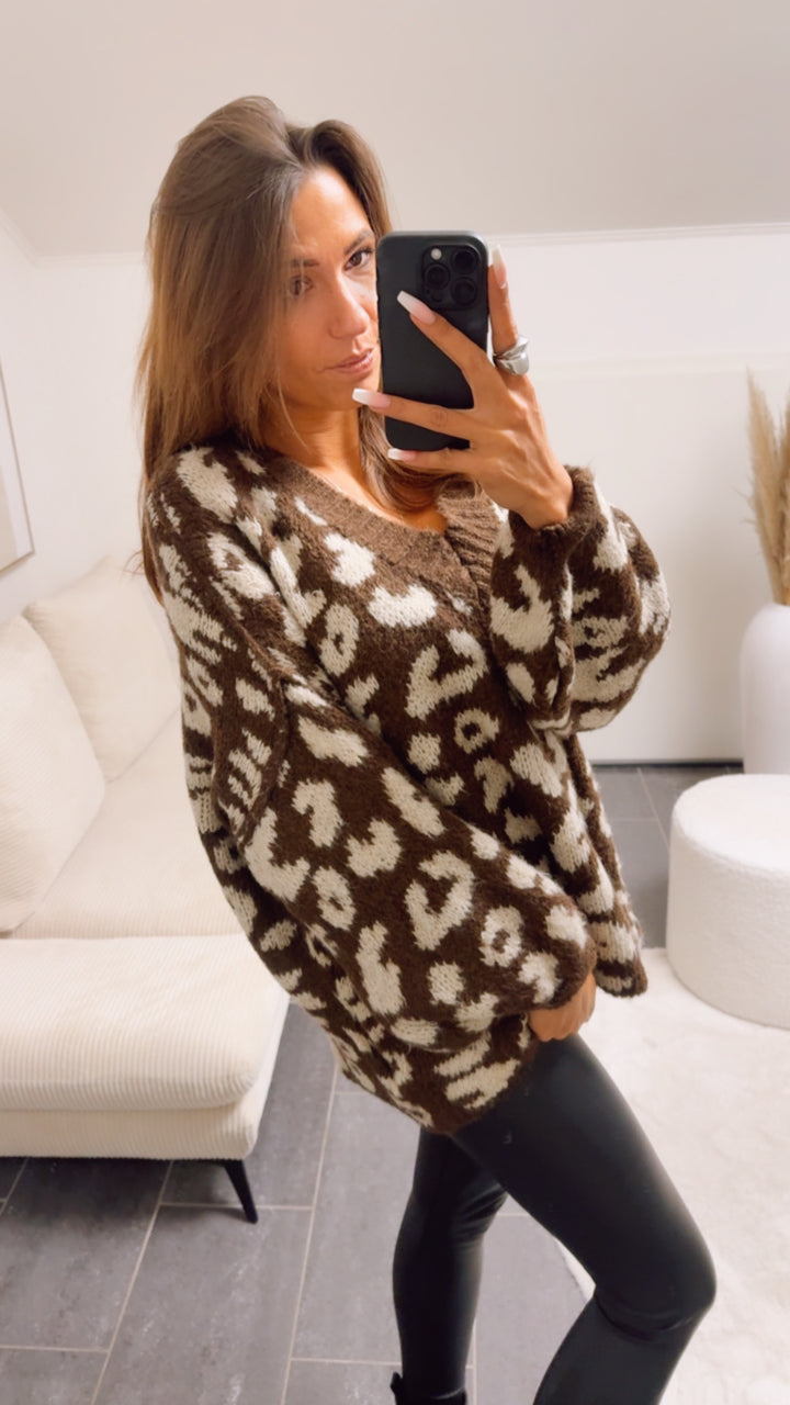 V-AUSSCHNITT LEO Oversize Kuschel - Pullover / Schoko braun - beige Art. 13063
