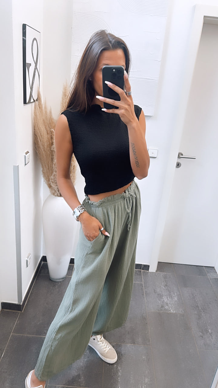 lockere, lange Musselin Hose / khaki Art. 6294