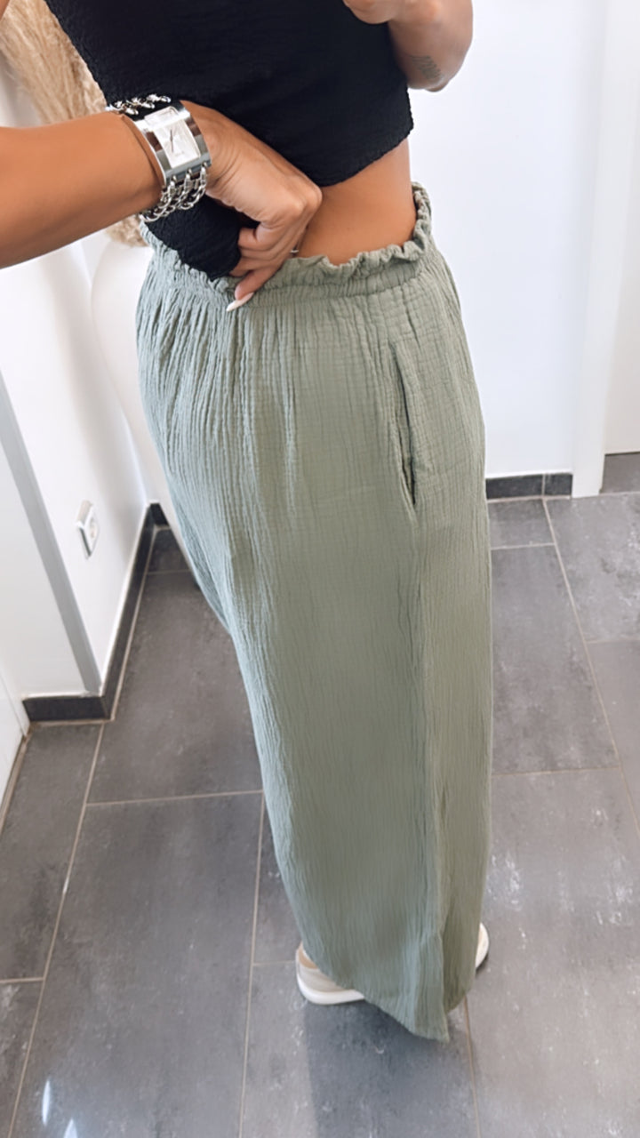 lockere, lange Musselin Hose / khaki Art. 6294