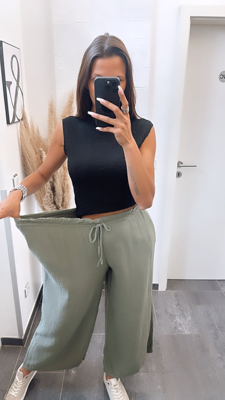 lockere, lange Musselin Hose / khaki Art. 6294