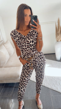 LEO Jumpsuit Wasserfall-Ausschnitt / beige - schwarz -braun Art.14773