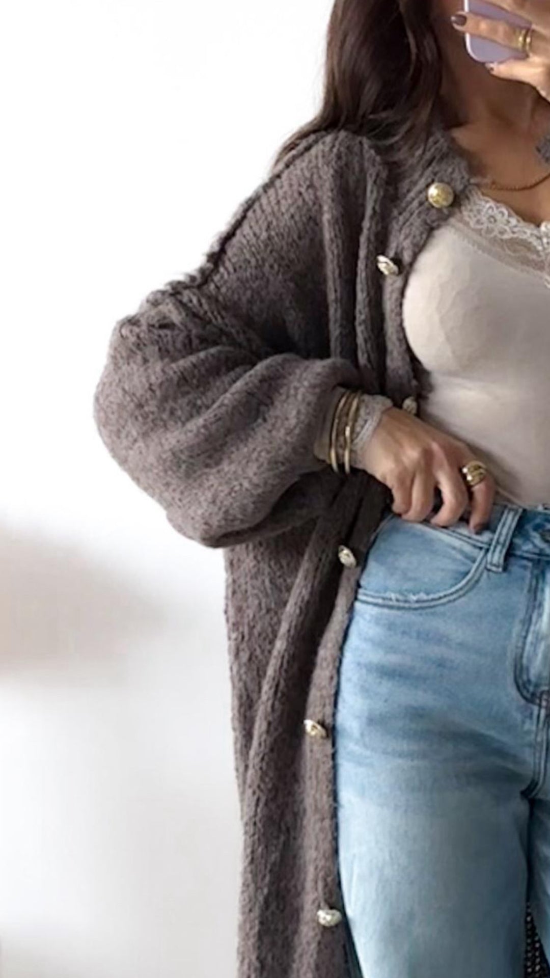 LANGER Kuschel Cardigan mit goldenen Knöpfen / braun meliert Art. 13076