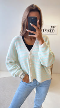 gestreifter Cardigan / wollweiss - türkis Art. 8782