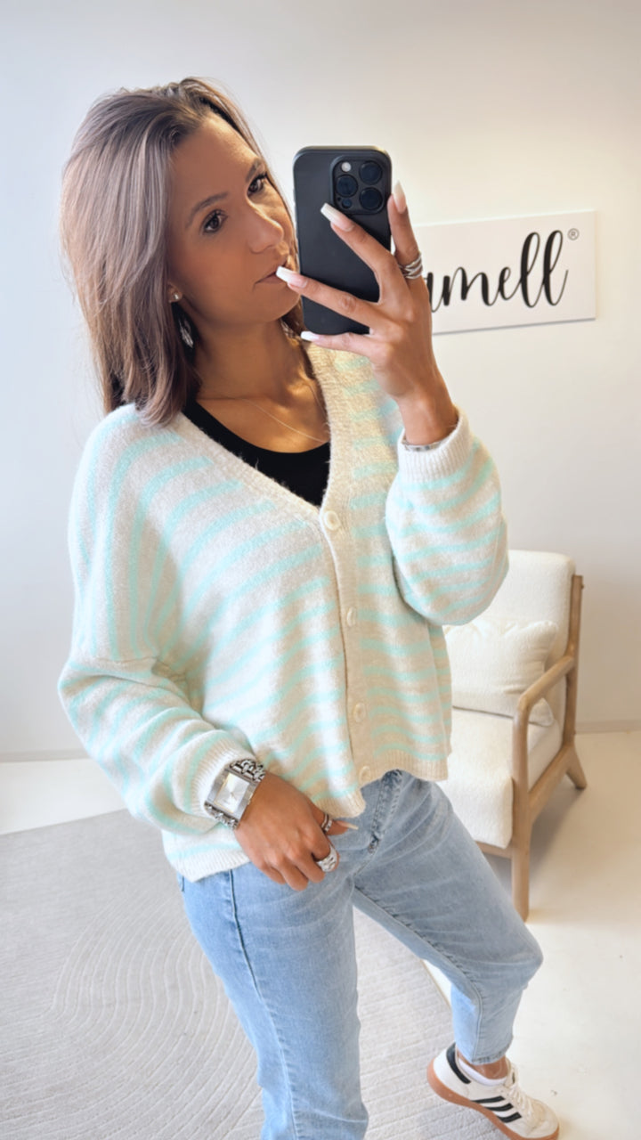 gestreifter Cardigan / wollweiss - türkis Art. 8782