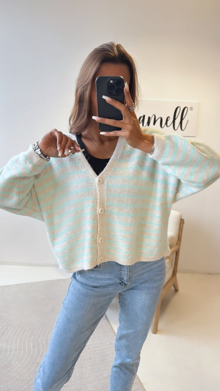 gestreifter Cardigan / wollweiss - türkis Art. 8782