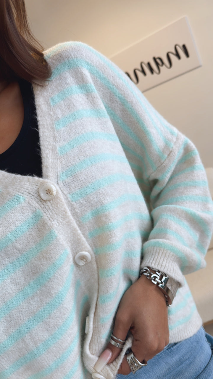 gestreifter Cardigan / wollweiss - türkis Art. 8782