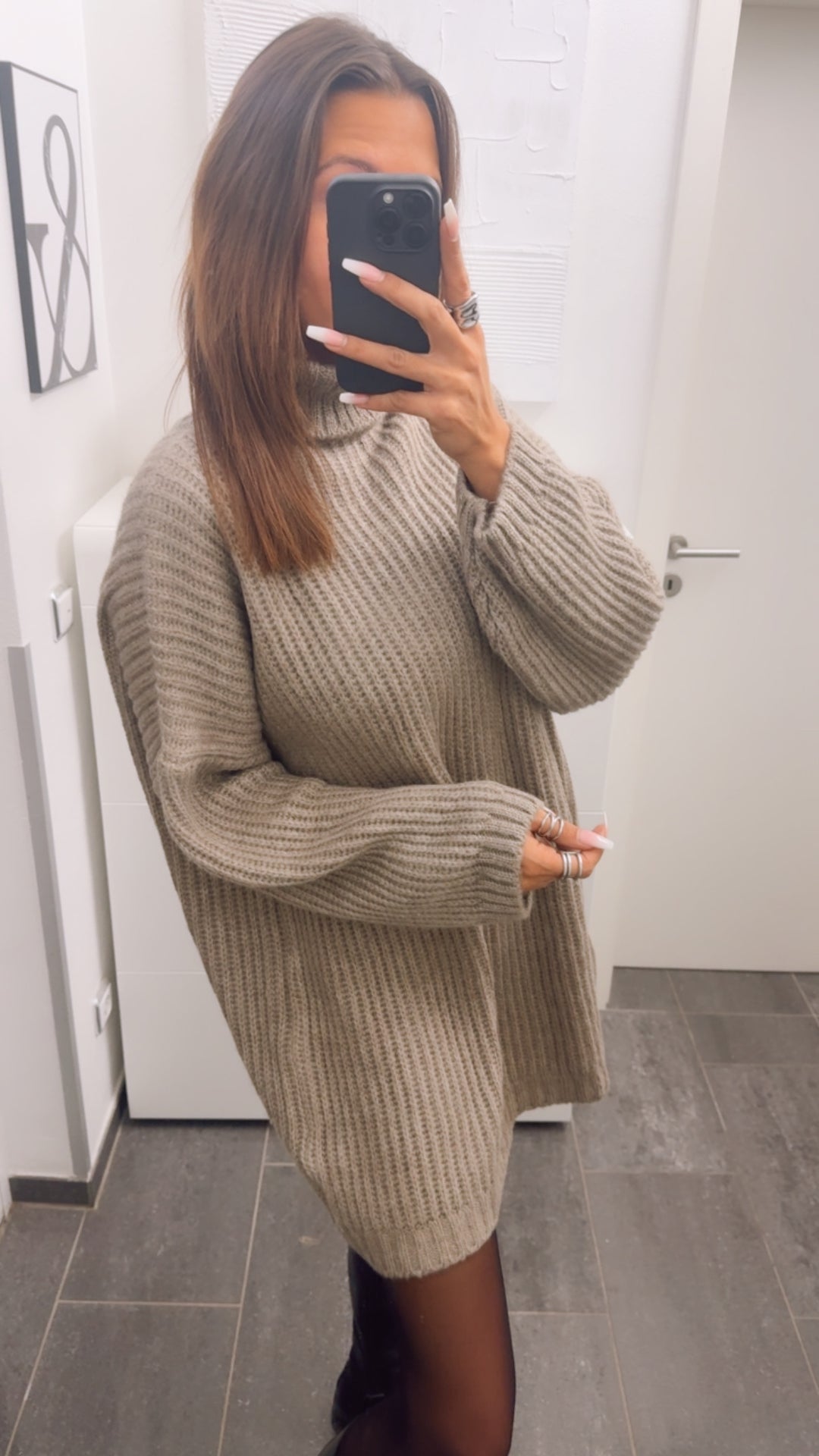 grober Strick Rollkragen Long Pullover / Kleid / taupe Art. 13138