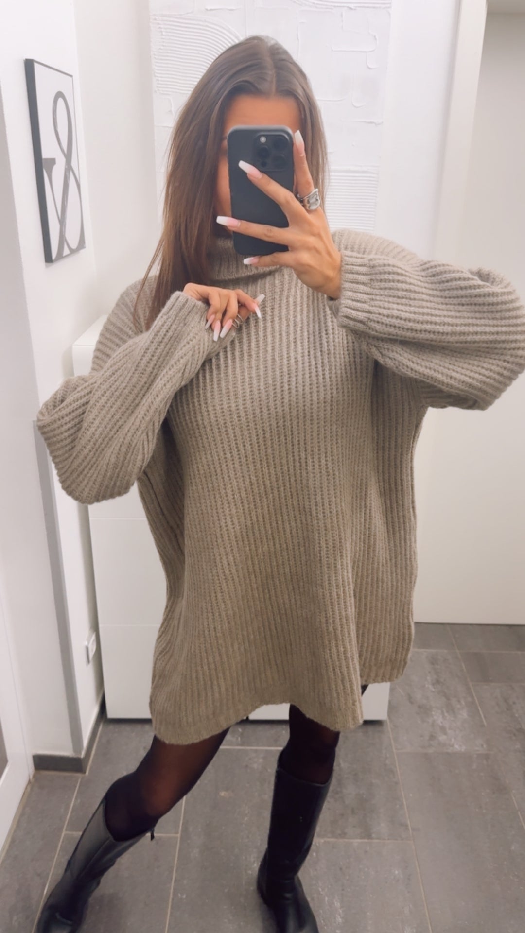 grober Strick Rollkragen Long Pullover / Kleid / taupe Art. 13138