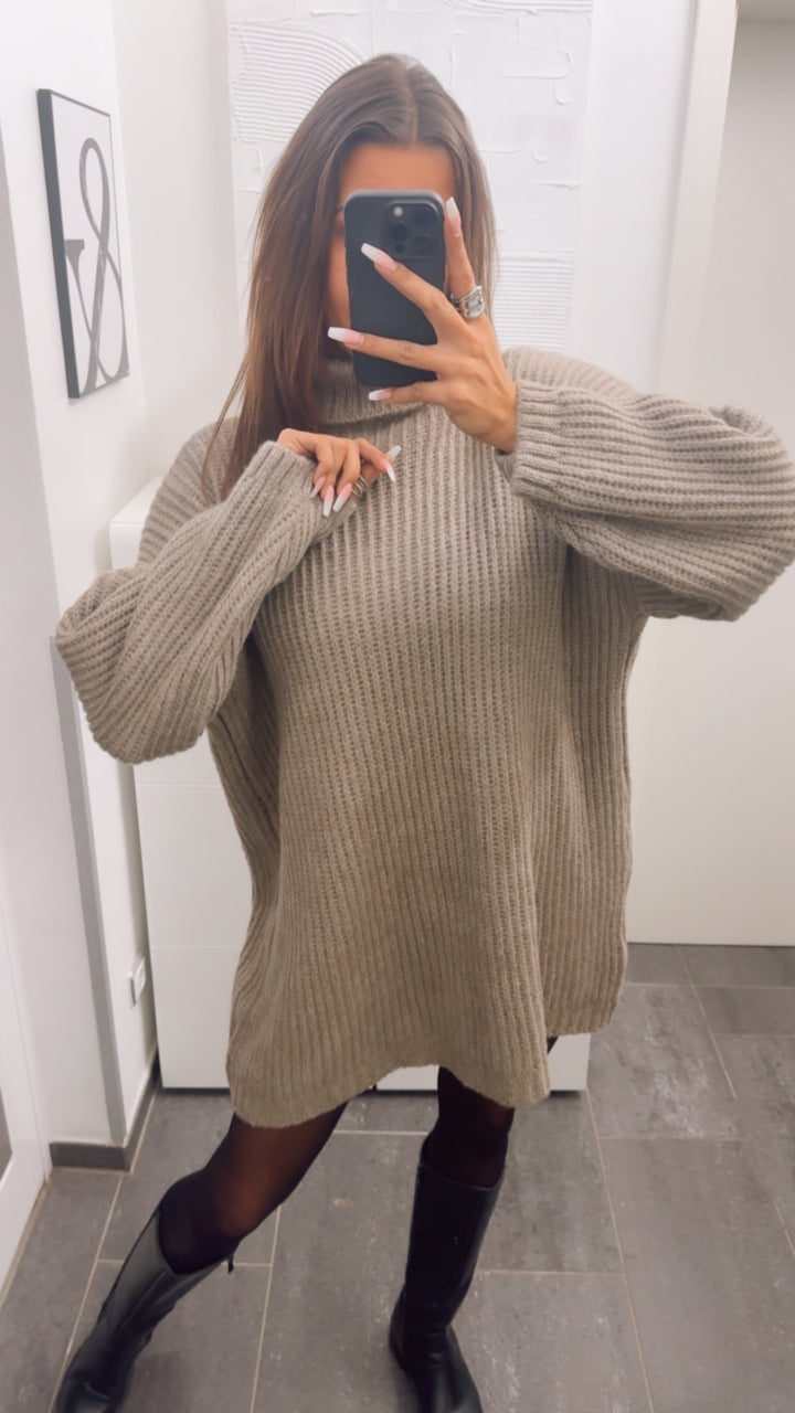 grober Strick Rollkragen Long Pullover / Kleid / taupe Art. 13138