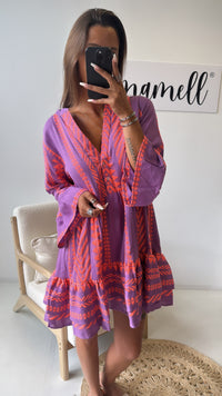 PREMIUM Tunika Kleid mit Muster / lila - neon pink Art. 9654
