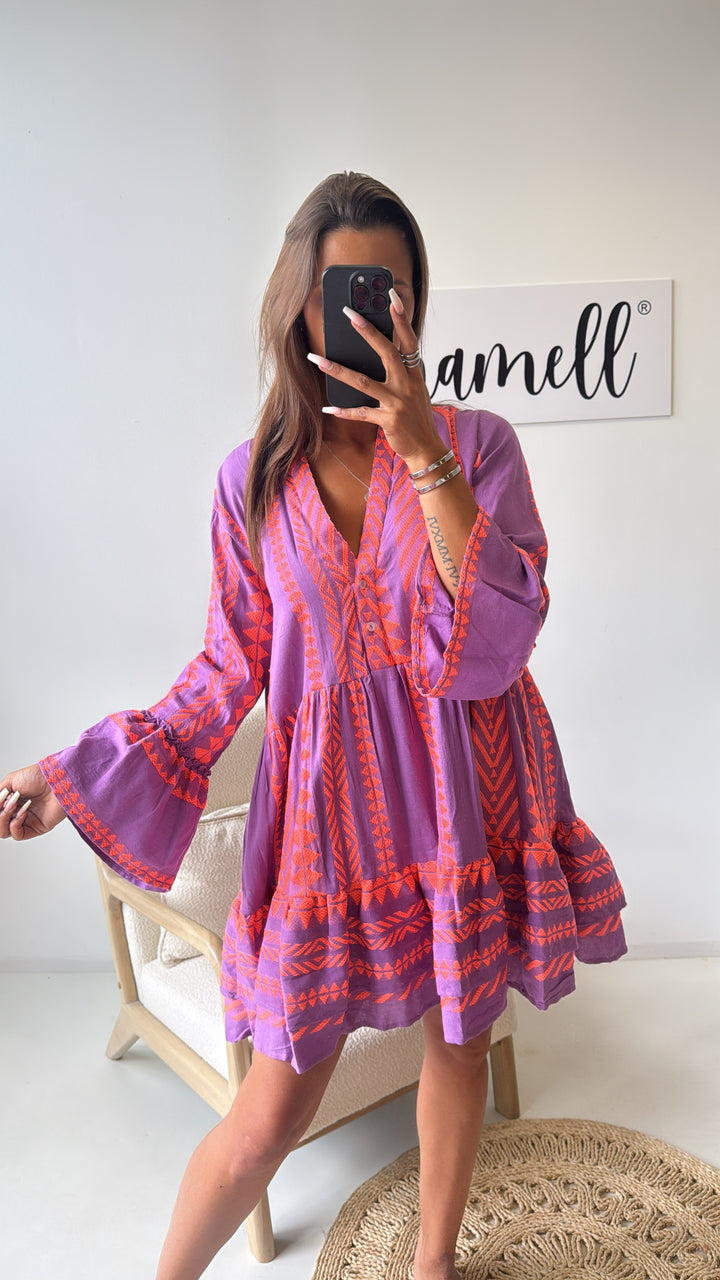 PREMIUM Tunika Kleid mit Muster / lila - neon pink Art. 9654
