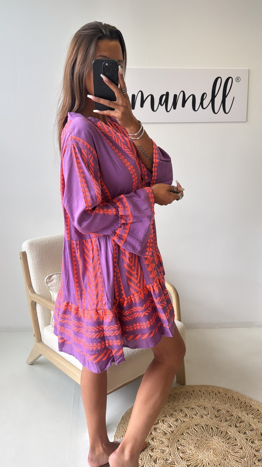 PREMIUM Tunika Kleid mit Muster / lila - neon pink Art. 9654