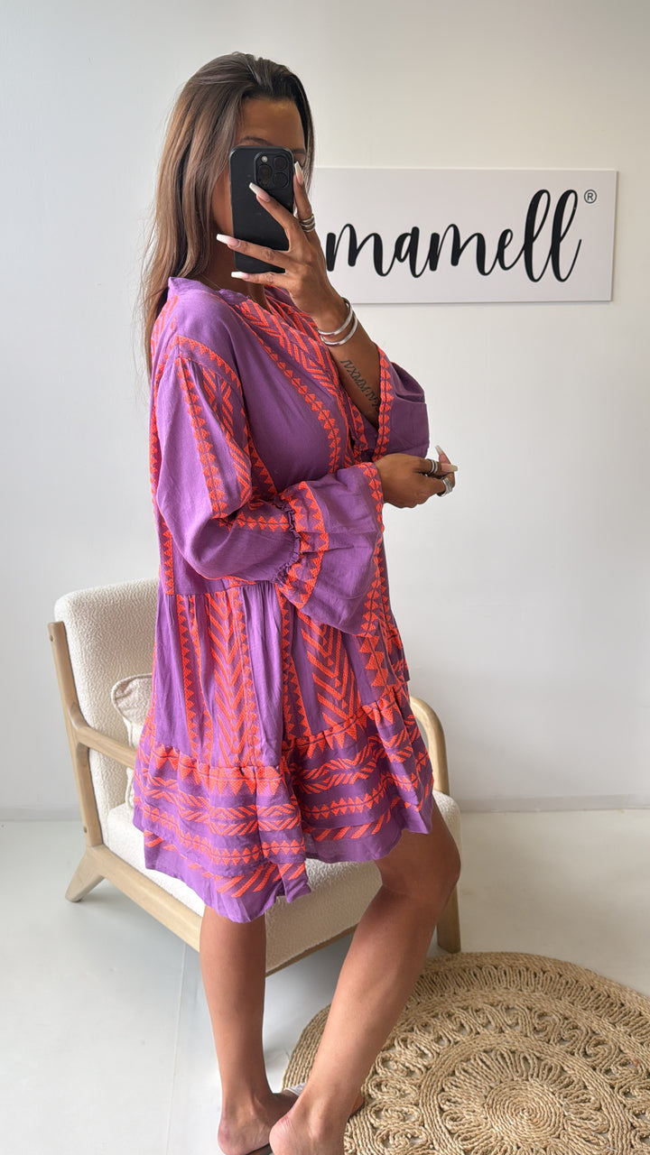 PREMIUM Tunika Kleid mit Muster / lila - neon pink Art. 9654
