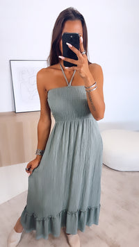 (Maxi-) Kleid mit Schnüren Neckholder, Glitzerschimmer / khaki Art. 6399