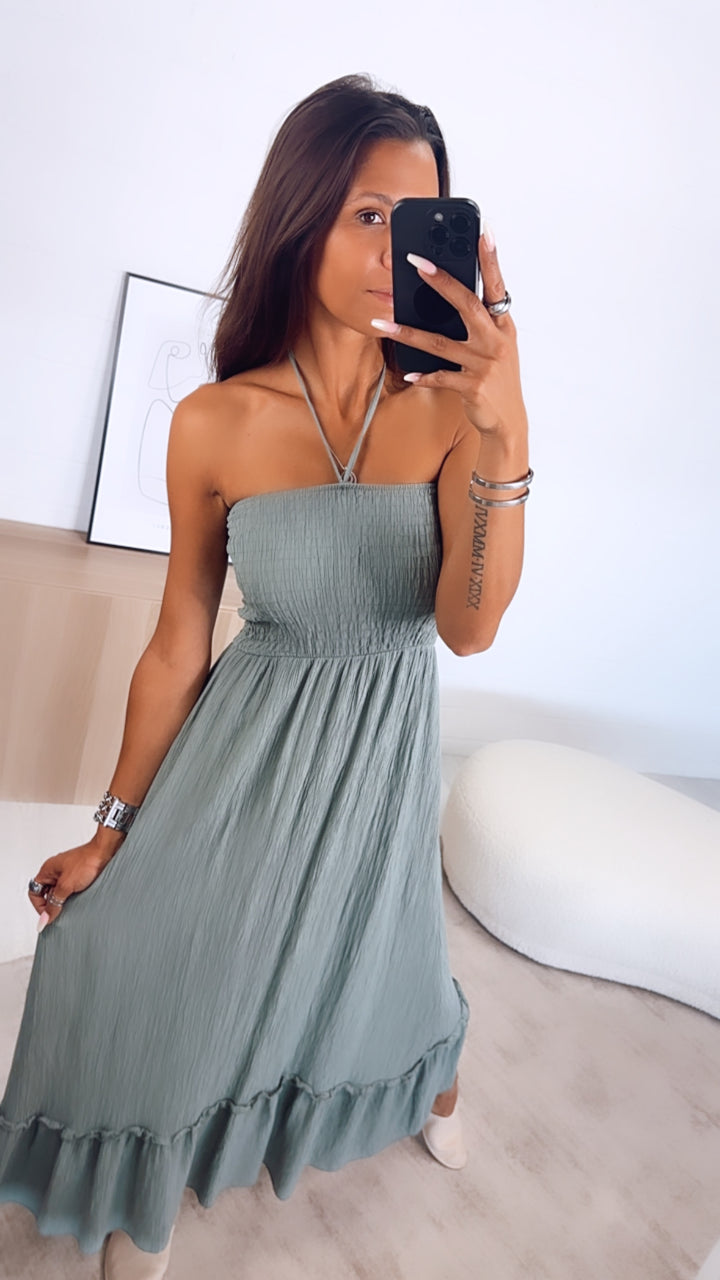 (Maxi-) Kleid mit Schnüren Neckholder, Glitzerschimmer / khaki Art. 6399