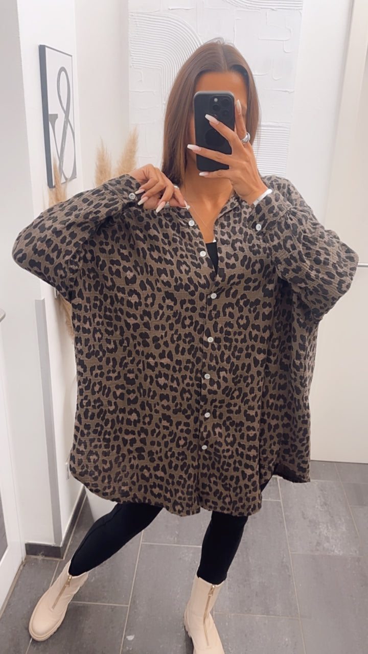 LANGE Musselin Bluse im Leo Muster/ taupe Art. 7640