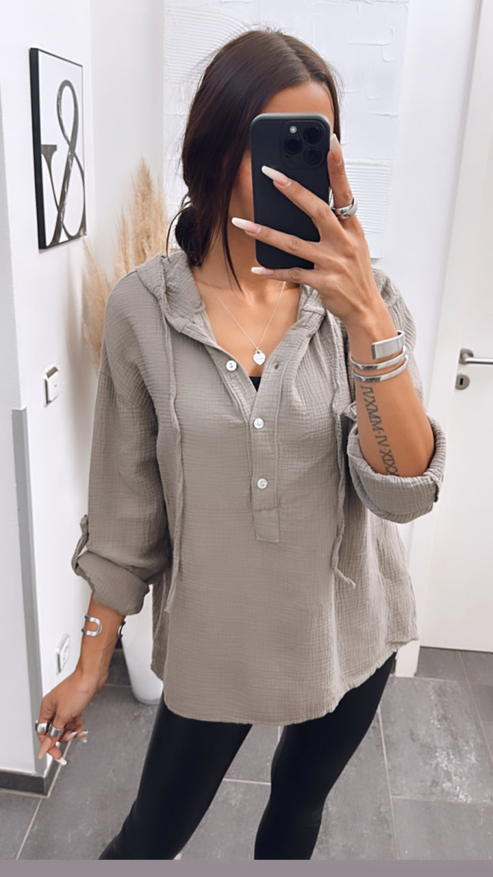 Musselin Bluse mit Kapuze / schlamm Art. 4978