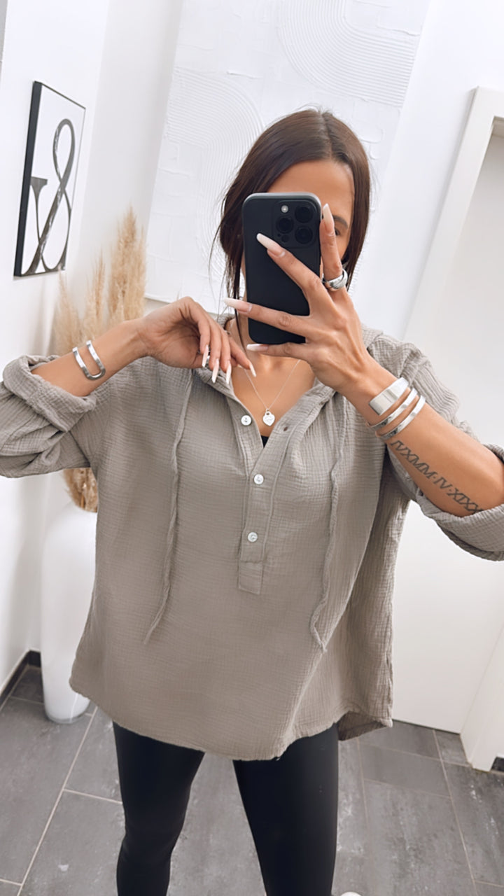 Musselin Bluse mit Kapuze / schlamm Art. 4978