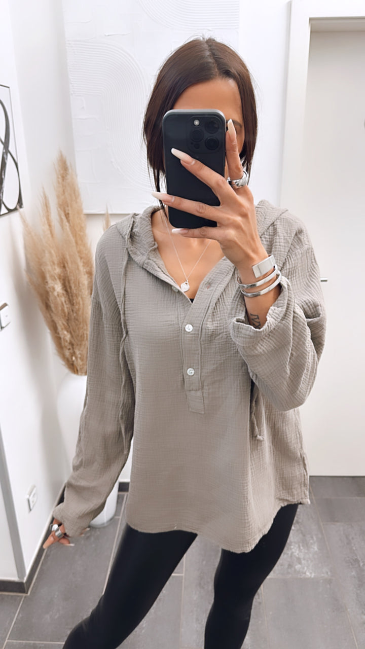 Musselin Bluse mit Kapuze / schlamm Art. 4978