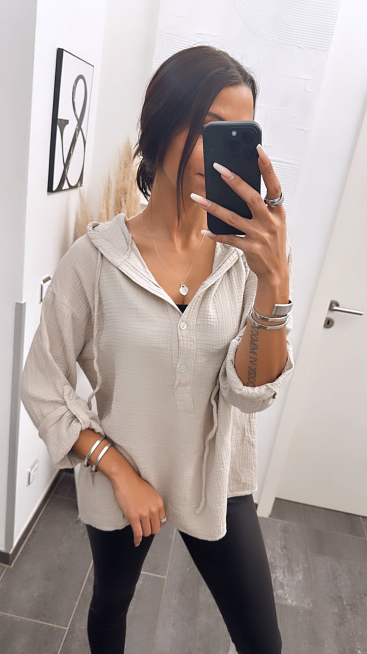 Musselin Bluse mit Kapuze / beige Art. 4979