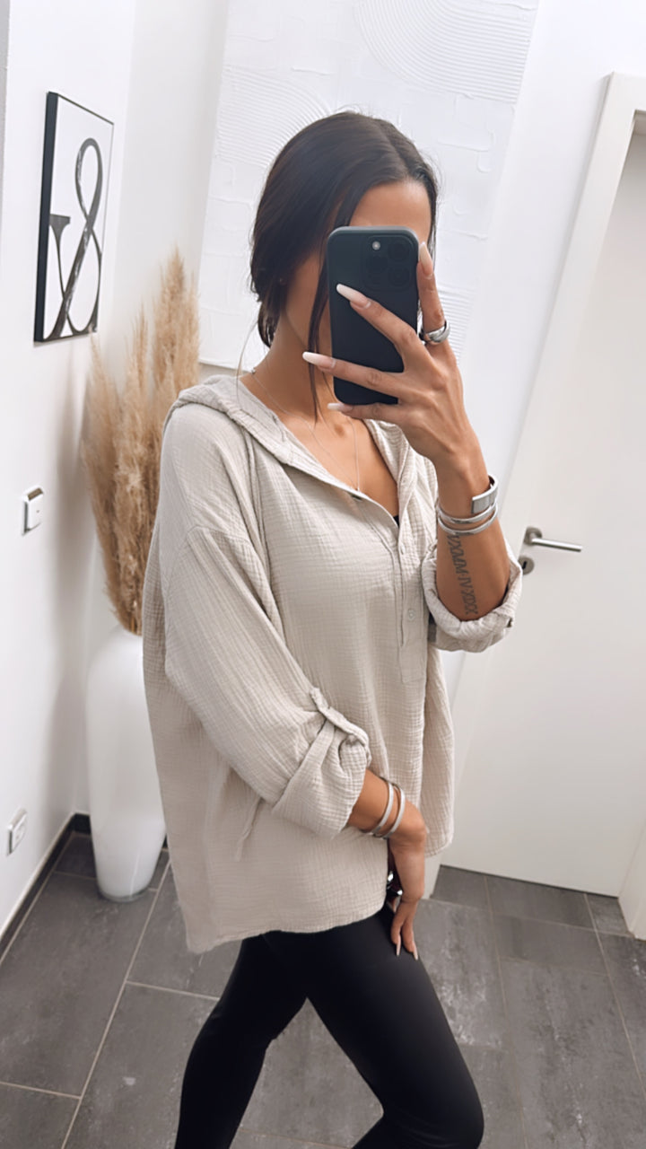 Musselin Bluse mit Kapuze / beige Art. 4979