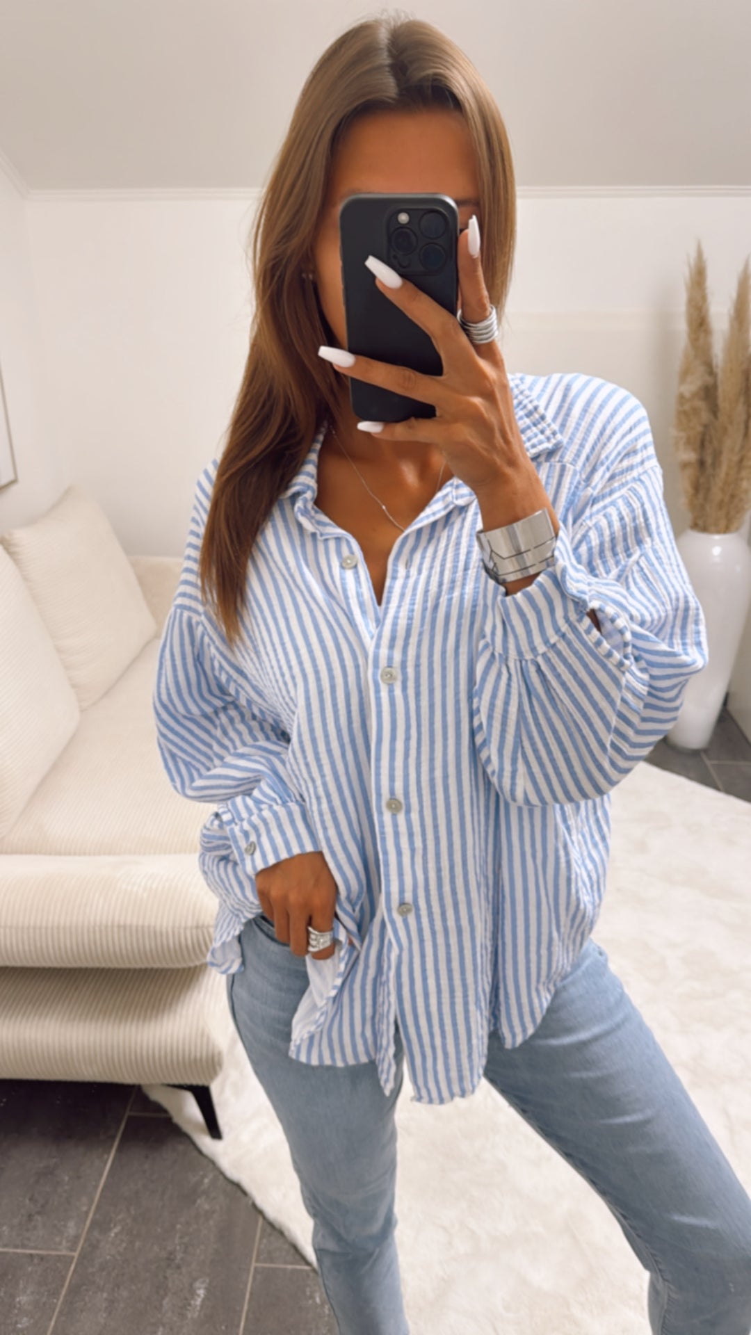 KURZE Oversize Musselin Bluse mit Streifen / blau - weiss Art. 5701