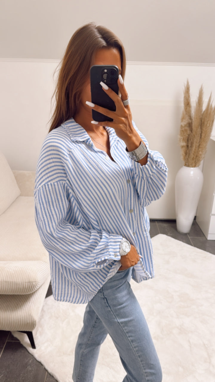 KURZE Oversize Musselin Bluse mit Streifen / blau - weiss Art. 5701