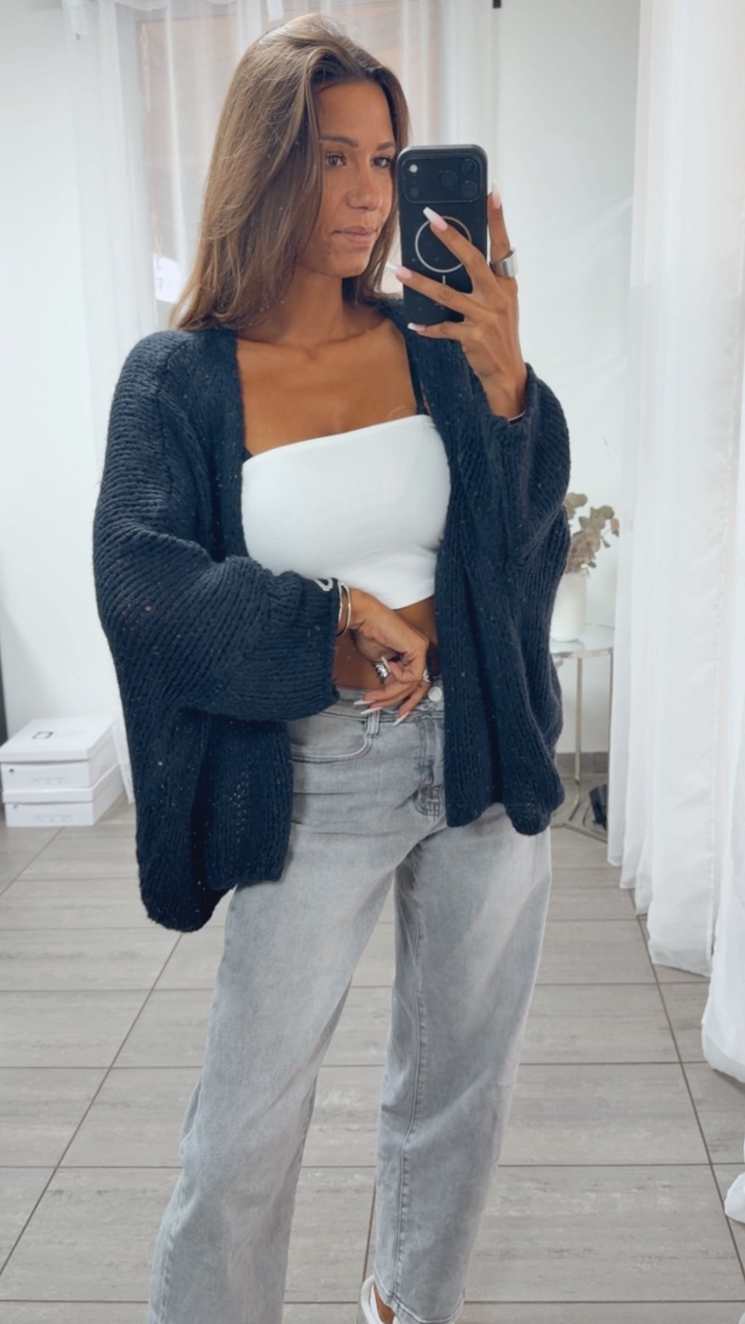 Oversize Strick Cardigan mit 3/4 -  Fledermausärmeln, offen / marine blau Art. 16217