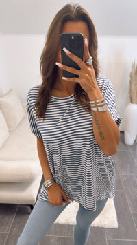 STREIFEN Vokuhila Long T-Shirt / weiss - dunkel blau Art. 8913