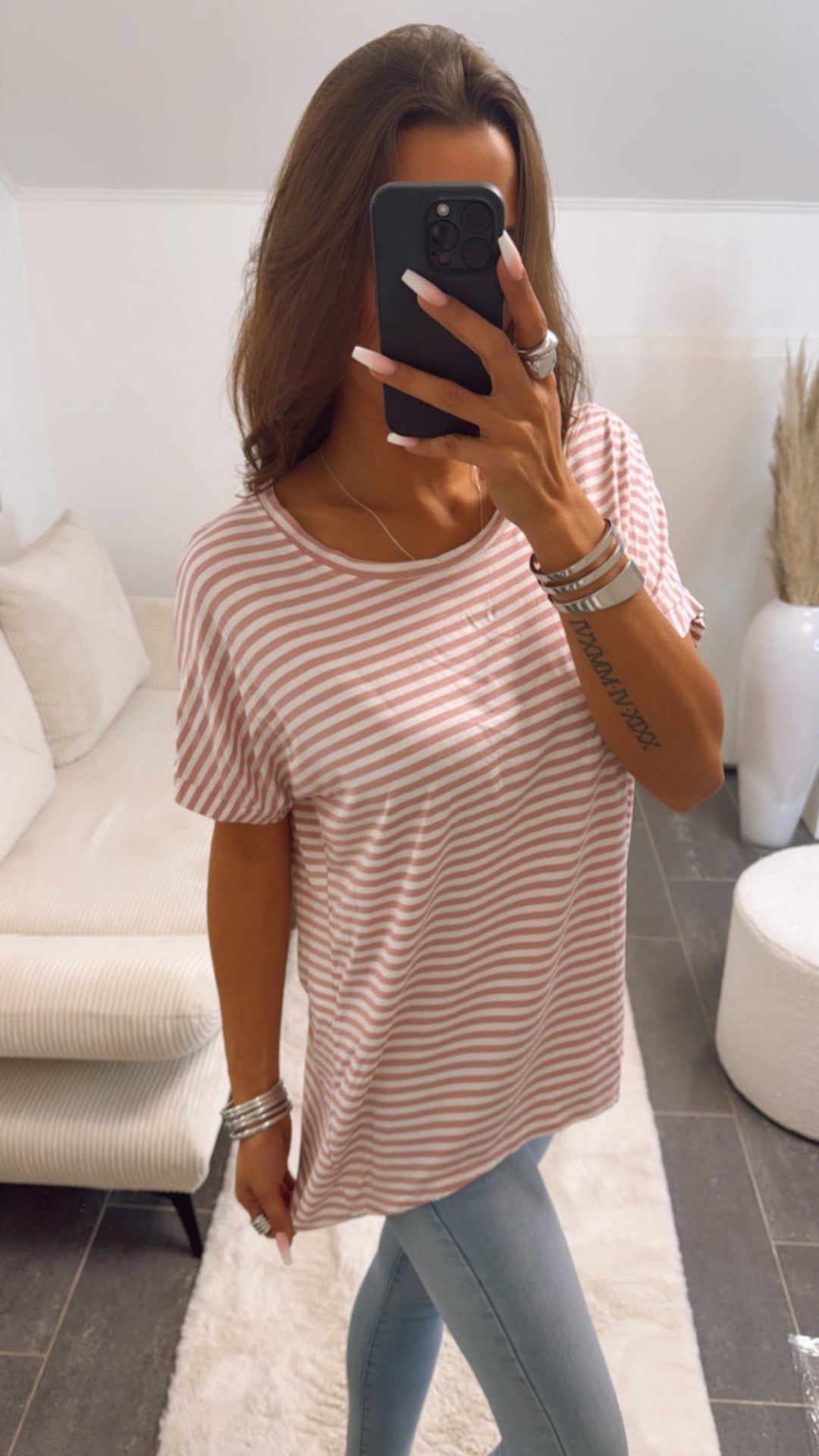 STREIFEN Vokuhila Long T-Shirt / altrosa - weiss Art. 8914
