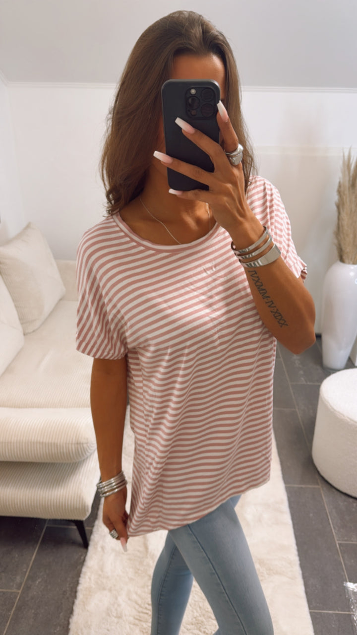 STREIFEN Vokuhila Long T-Shirt / altrosa - weiss Art. 8914