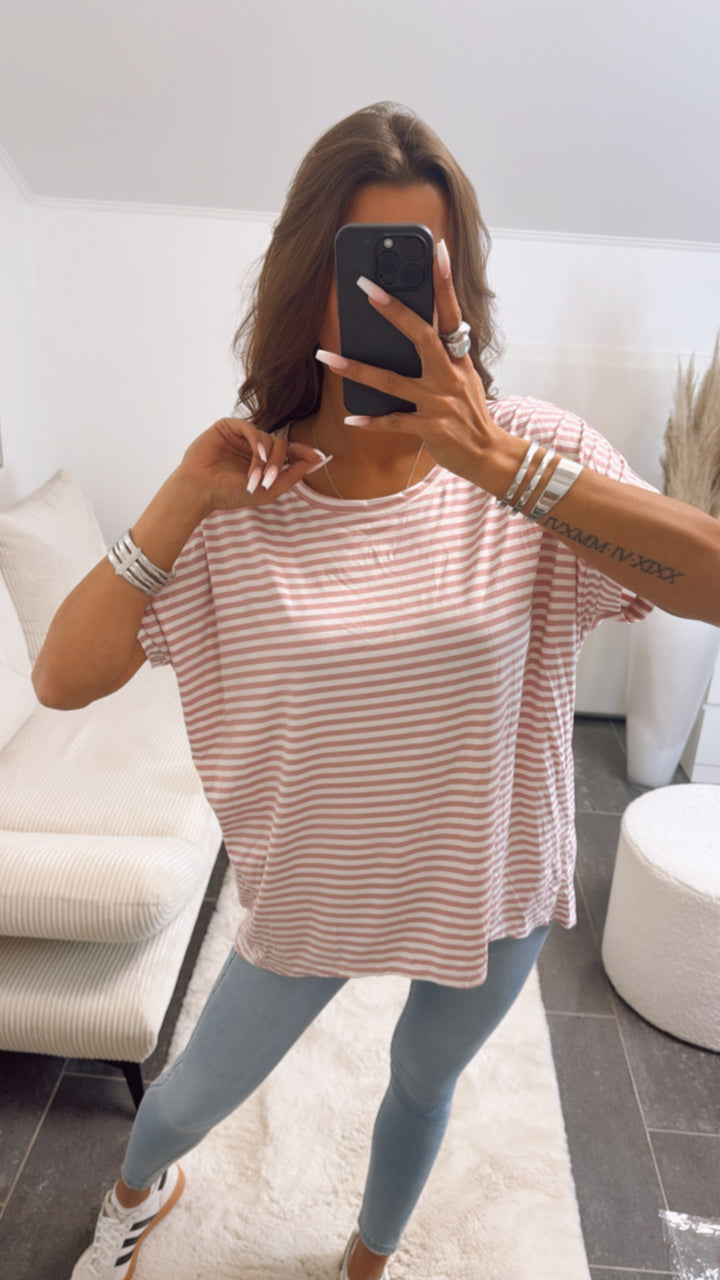 STREIFEN Vokuhila Long T-Shirt / altrosa - weiss Art. 8914