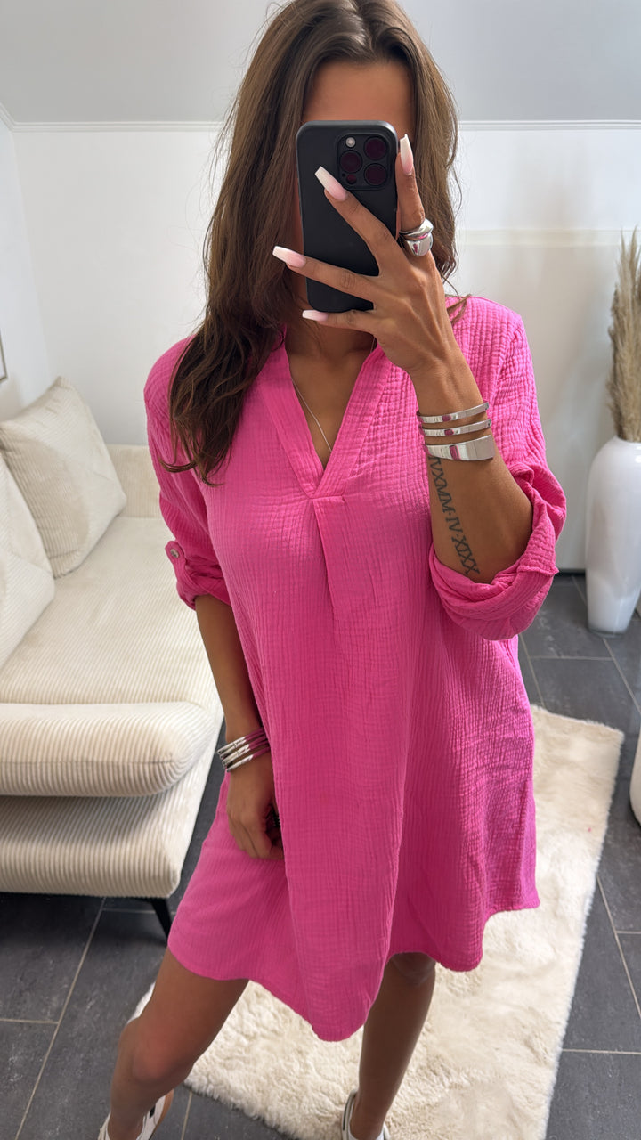 Musselin Blusen Kleid mit V-Ausschnitt / pink Art. 8952