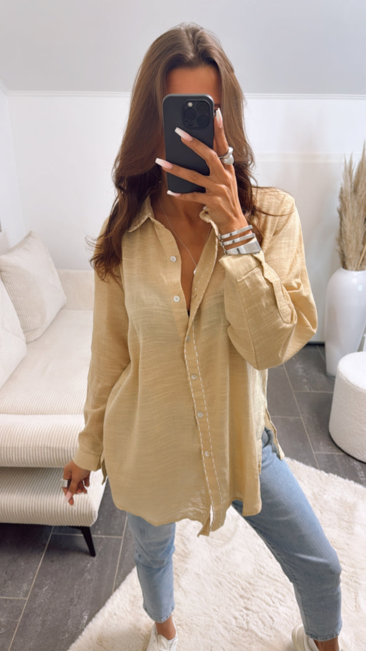 Baumwoll Bluse mit farblich abgesetzter Naht / Sand- weiss Art. 8838