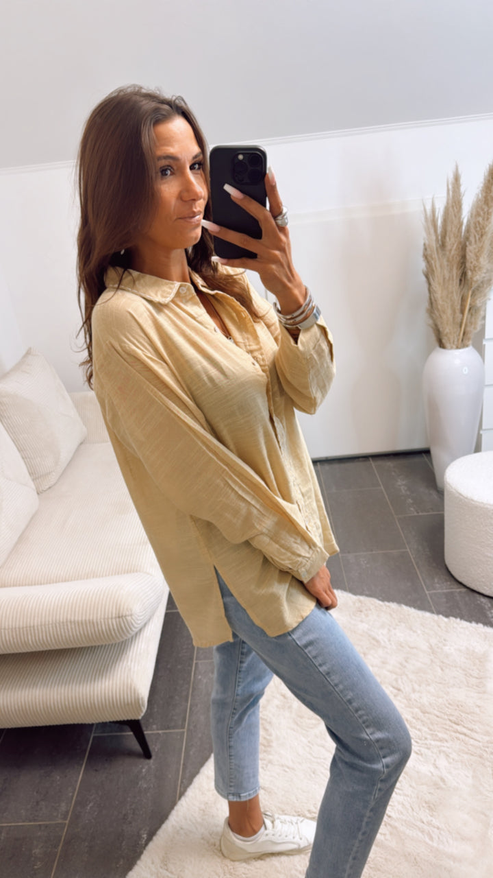 Baumwoll Bluse mit farblich abgesetzter Naht / Sand- weiss Art. 8838