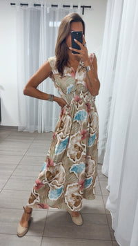 MAXI Kleid FLORAL mit breiten Trägern und geraffter Taille / Art. 14893