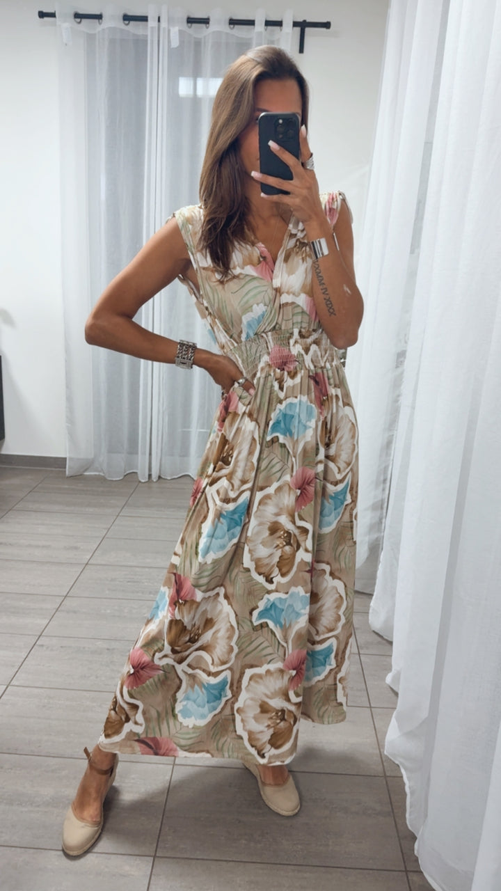MAXI Kleid FLORAL mit breiten Trägern und geraffter Taille / Art. 14893