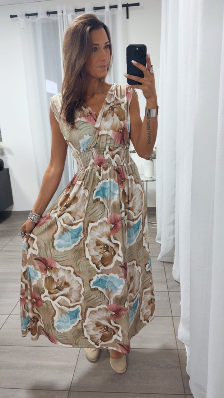 MAXI Kleid FLORAL mit breiten Trägern und geraffter Taille / Art. 14893
