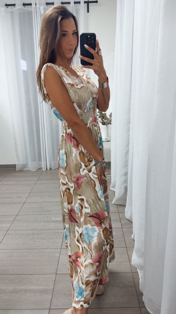 MAXI Kleid FLORAL mit breiten Trägern und geraffter Taille / Art. 14893