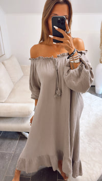 (Maxi-) Vokuhila Musselin Kleid / taupe Art. 10617