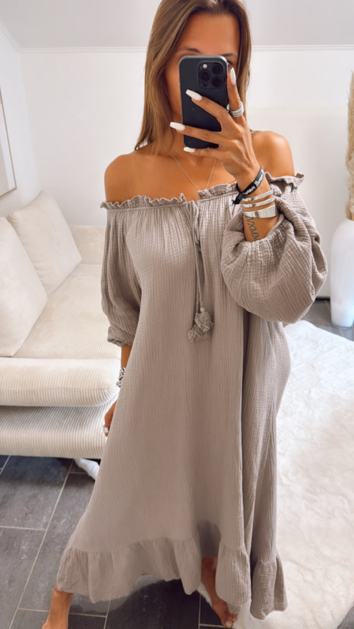 (Maxi-) Vokuhila Musselin Kleid / taupe Art. 10617