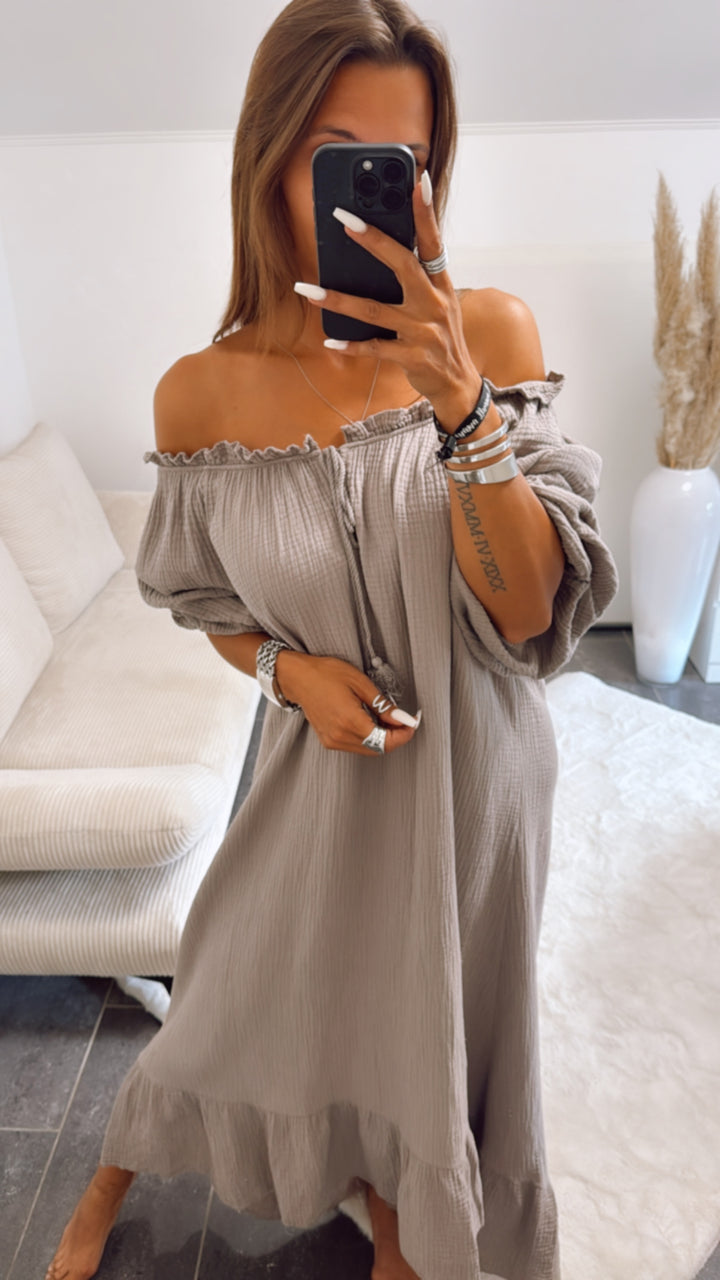 (Maxi-) Vokuhila Musselin Kleid / taupe Art. 10617