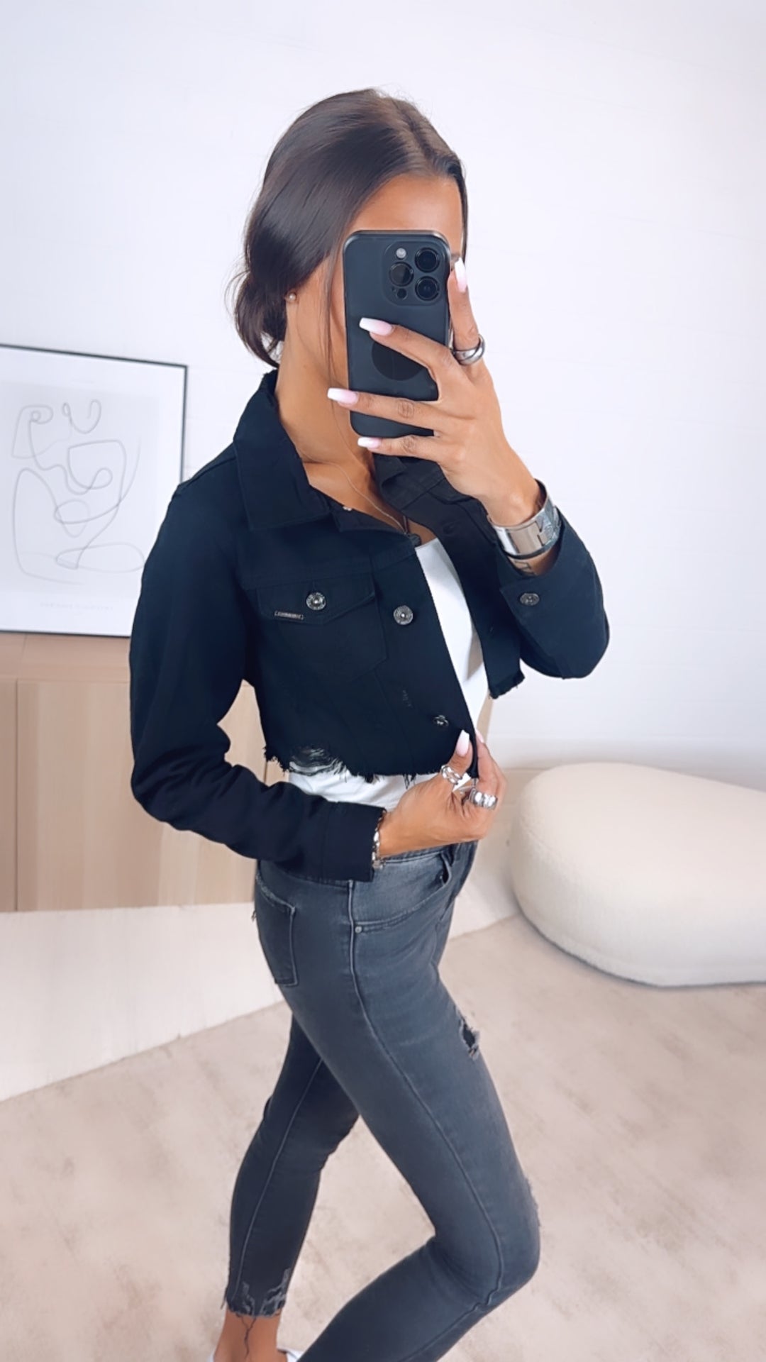 Crop Jeansjacke mit used - Elementen / schwarz Art. 6507