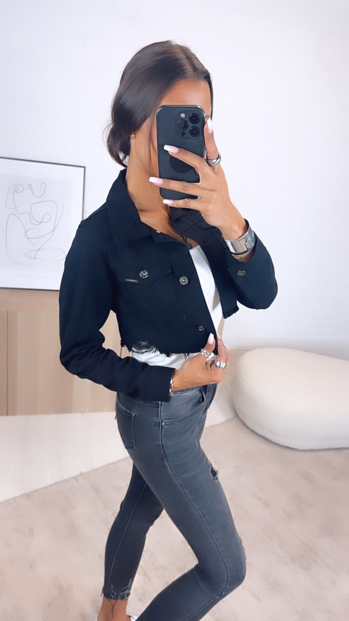 Crop Jeansjacke mit used - Elementen / schwarz Art. 6507